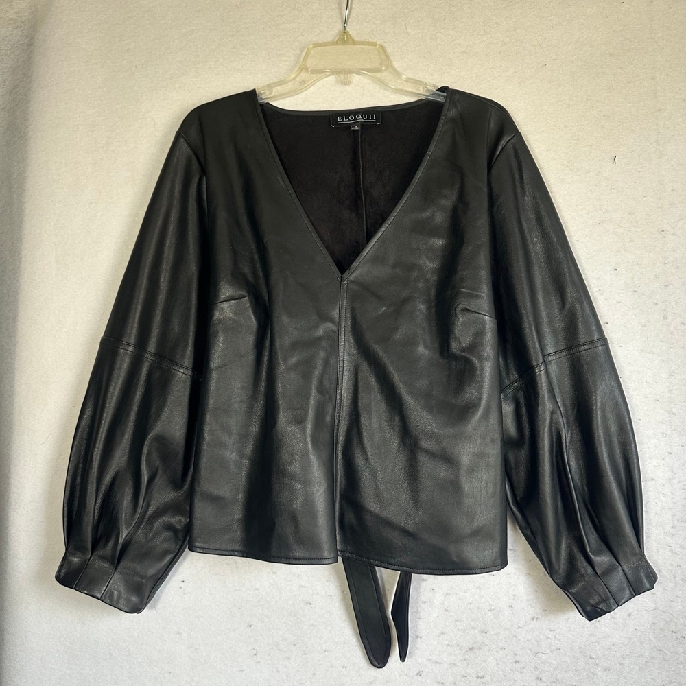 Eloquii Black Faux Leather V-Neck Puff Sleeve Back Tie Top Plus Size 18